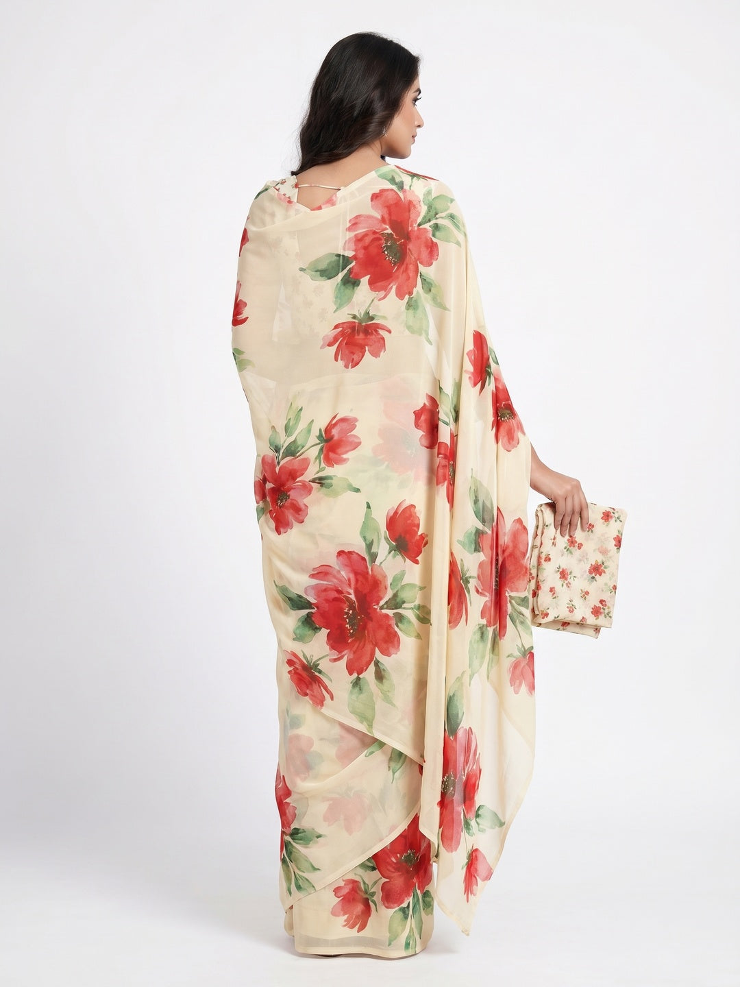 Cream Floral Digital Printed Georgette Saree - Image 3
