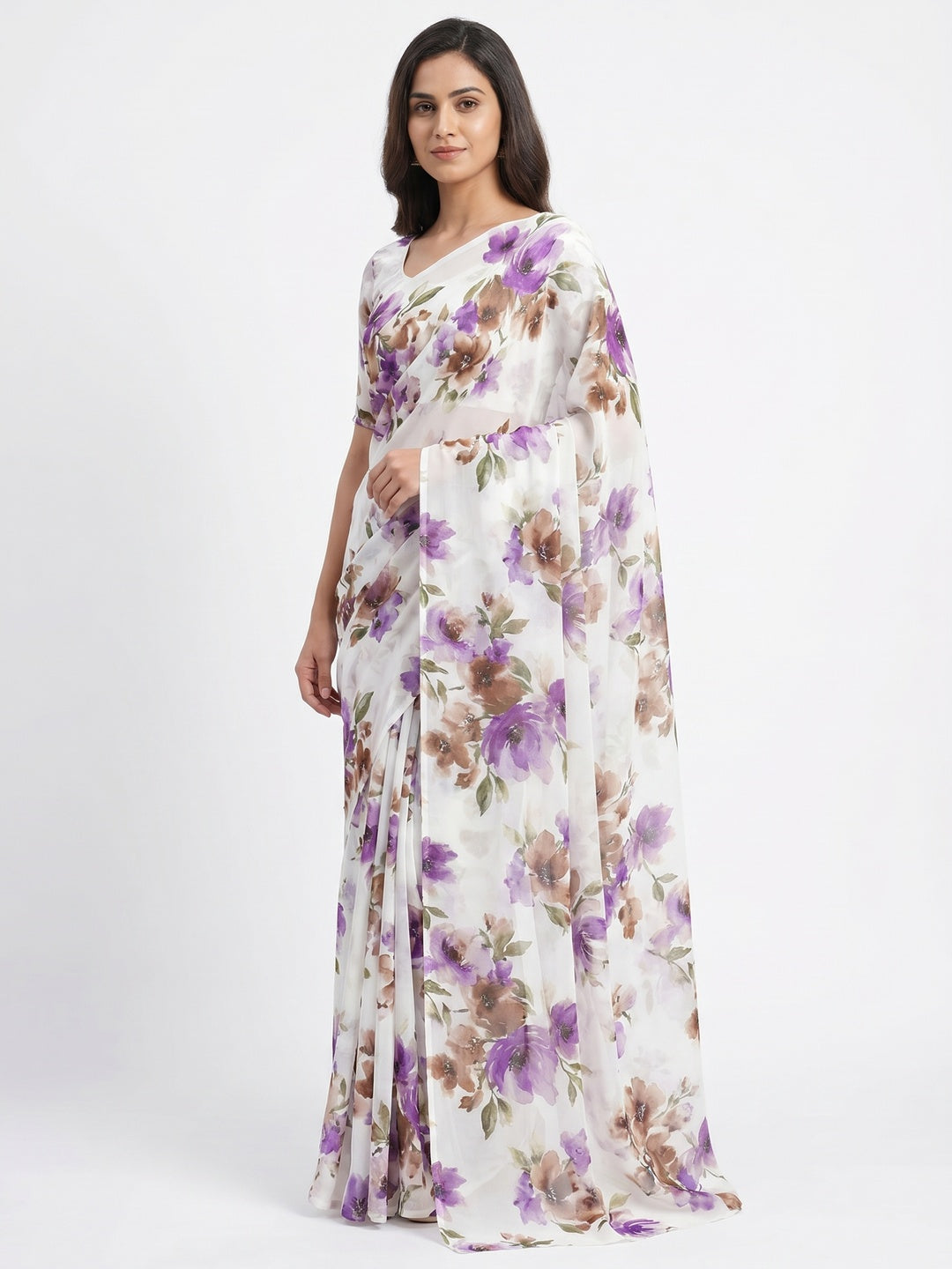 White Floral Digital Printed Georgette Saree - Image 1