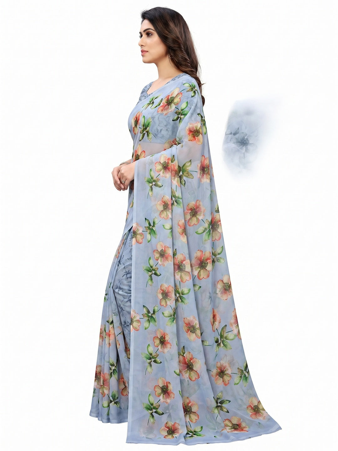 Bluyish Grey Floral Digital Printed Georgette Saree - Image 3