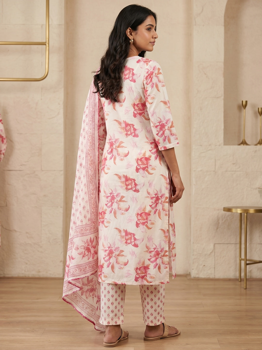 Cream Pure Cotton Floral Printed Salwar Suit Set - Image 3