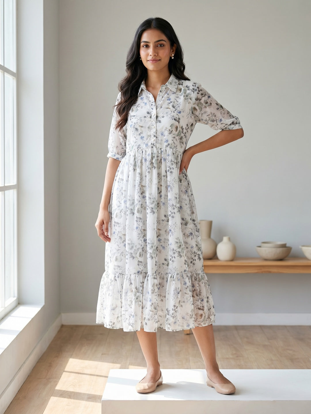 White Chiffon Floral Printed Shirt Collar Dress - Image 1
