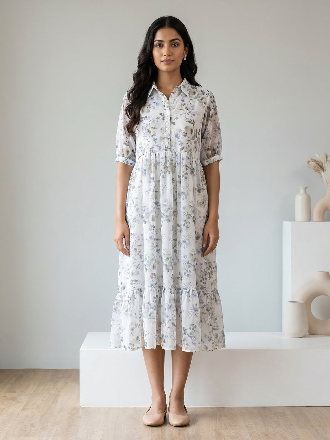 White Chiffon Floral Printed Shirt Collar Dress - Image 2