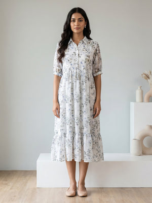 White Chiffon Floral Printed Shirt Collar Dress - Image 2