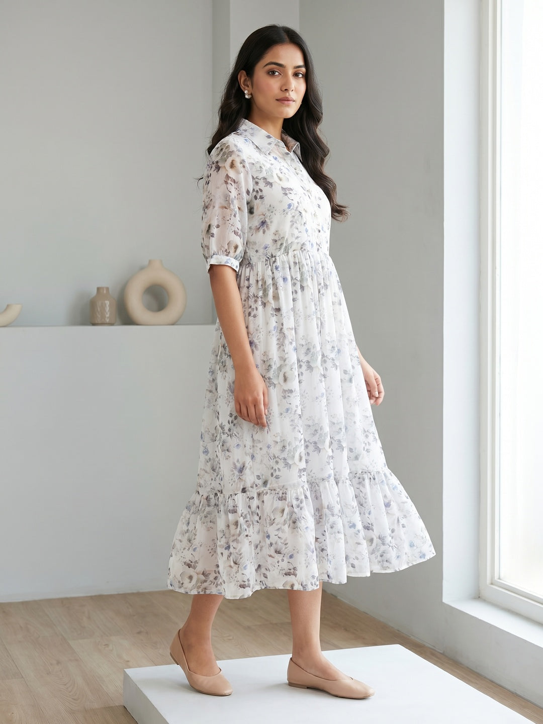 White Chiffon Floral Printed Shirt Collar Dress - Image 3