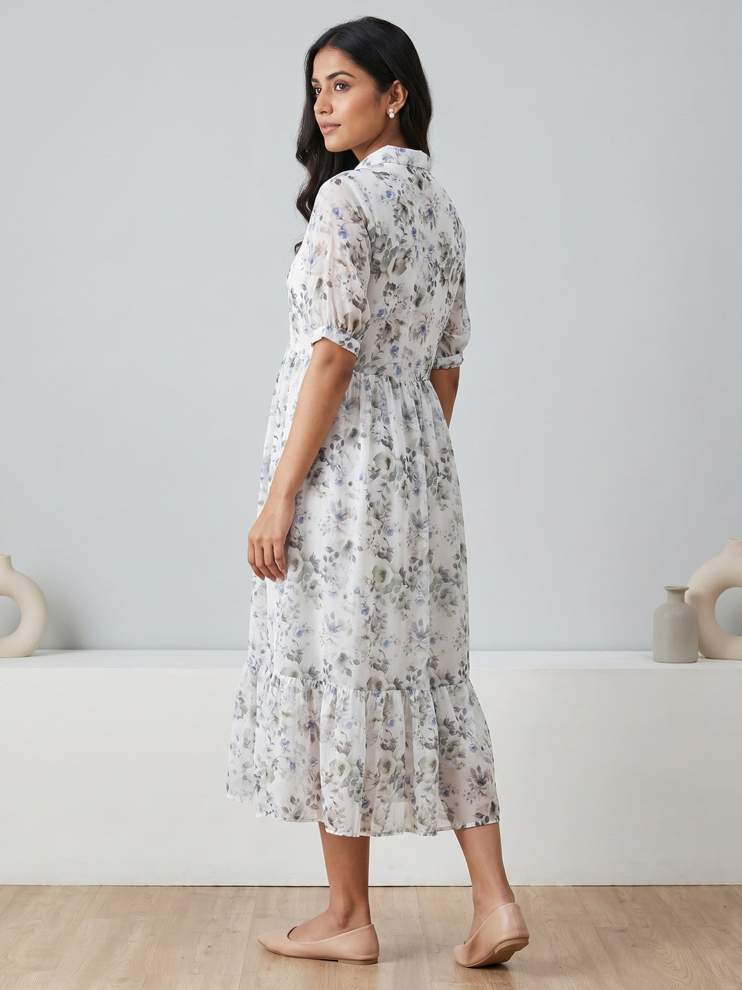 White Chiffon Floral Printed Shirt Collar Dress - Image 4