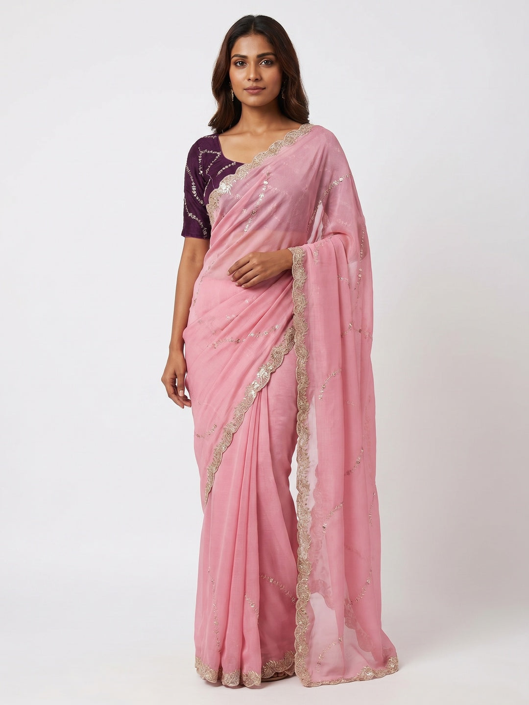 Pink Floral Sequins Embroidered Chiffon Saree - Image 1