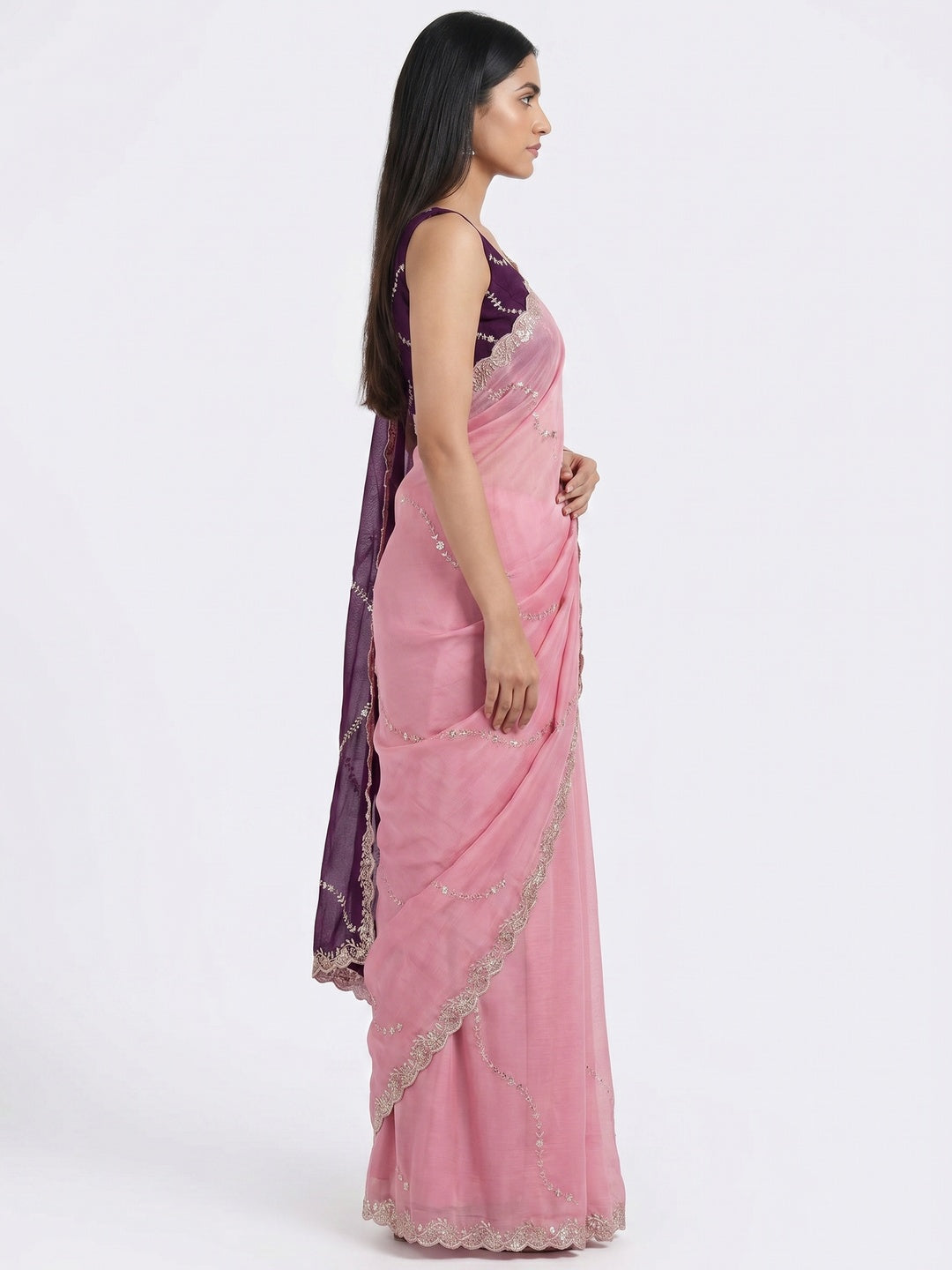 Pink Floral Sequins Embroidered Chiffon Saree - Image 3