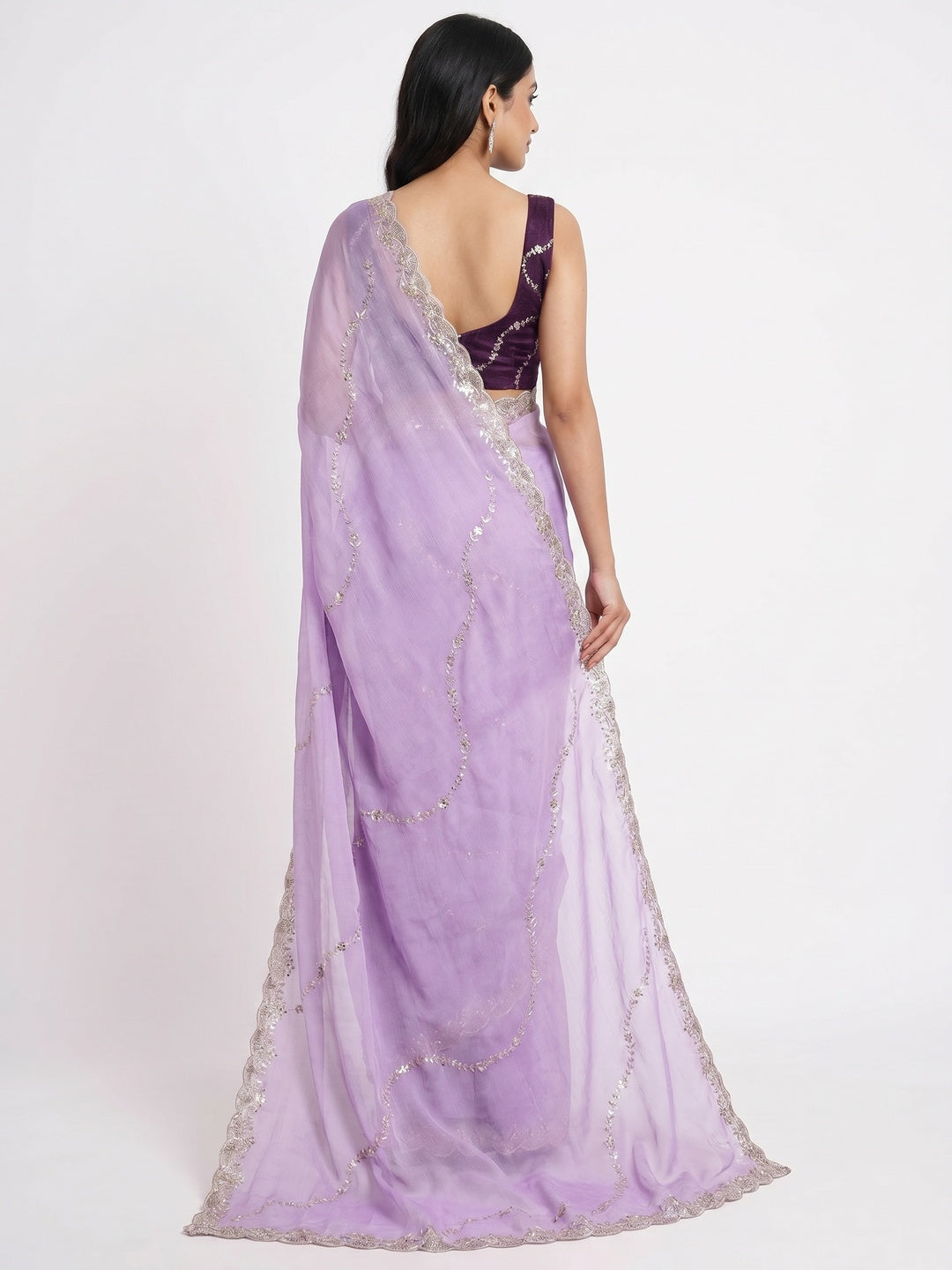 Lavender Floral Sequins Embroidered Chiffon Saree - Image 3