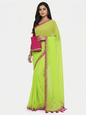 Green Solid Georgette Saree With Embroidered Lace Border Tassels - Image 1