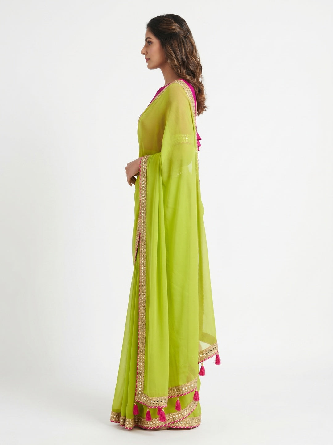 Green Solid Georgette Saree With Embroidered Lace Border Tassels - Image 2
