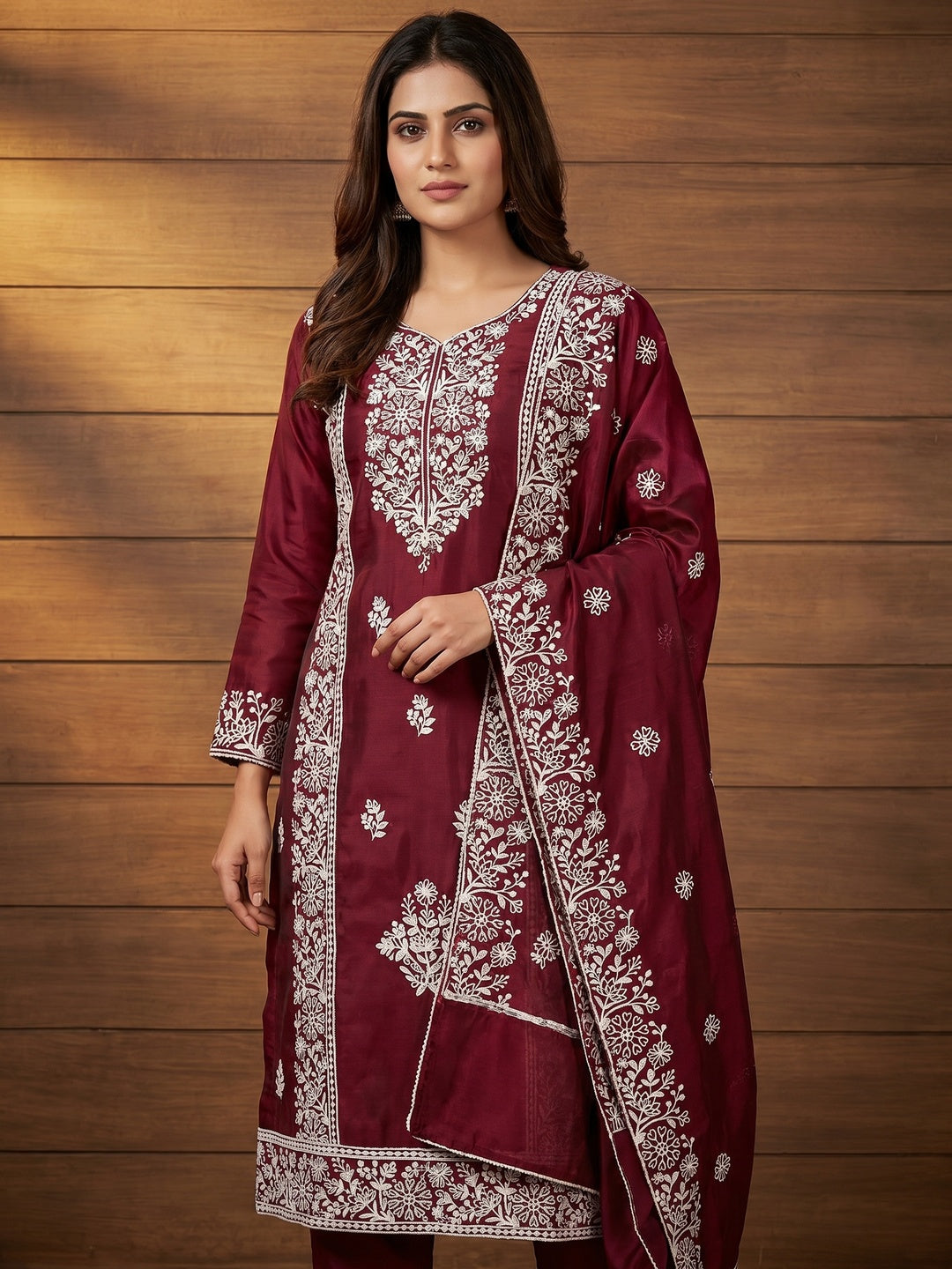 Maroon Floral Embroidered Chanderi Silk Dress Material - Image 1
