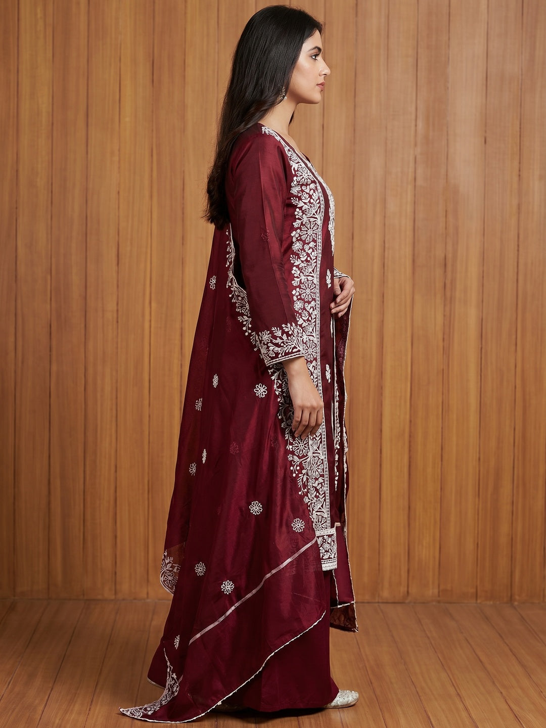 Maroon Floral Embroidered Chanderi Silk Dress Material - Image 3