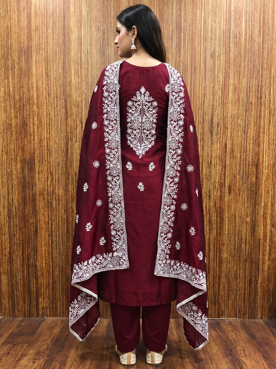 Maroon Floral Embroidered Chanderi Silk Dress Material - Image 2