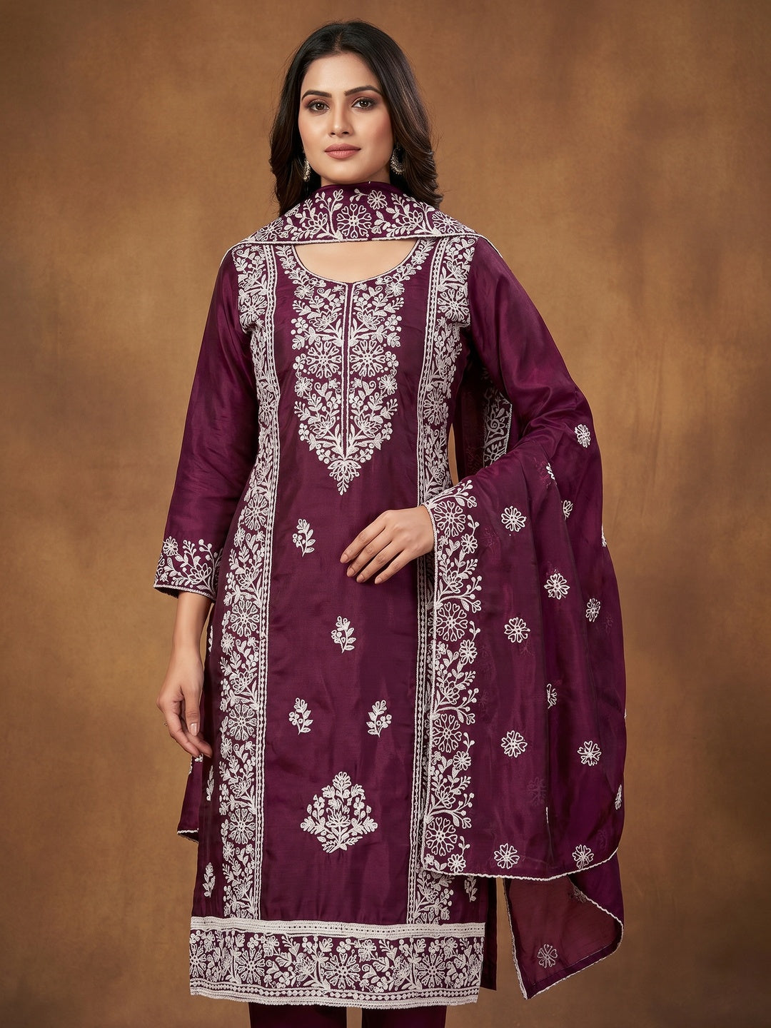 Wine Floral Embroidered Chanderi Silk Dress Material - Image 1