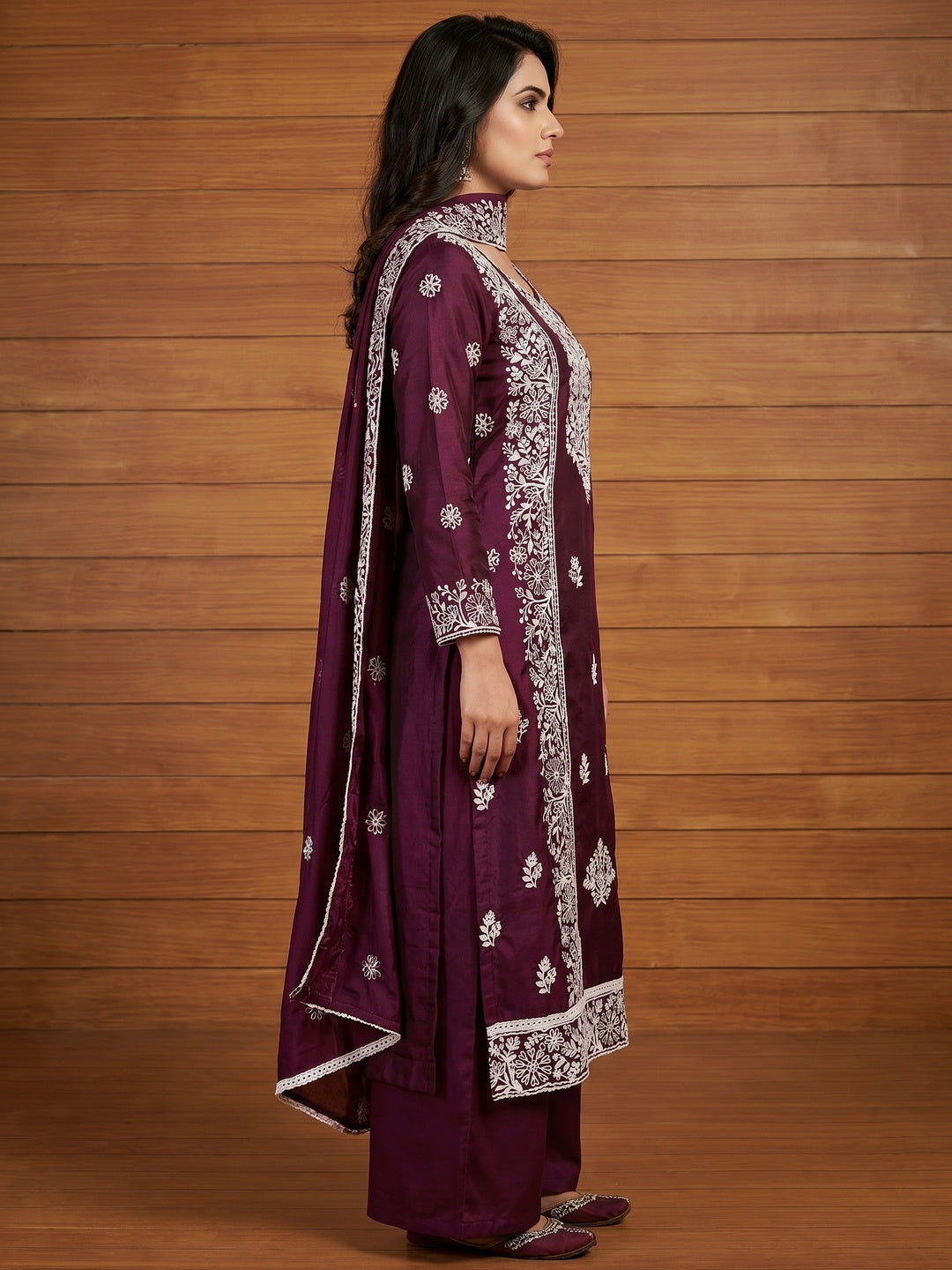 Wine Floral Embroidered Chanderi Silk Dress Material - Image 3