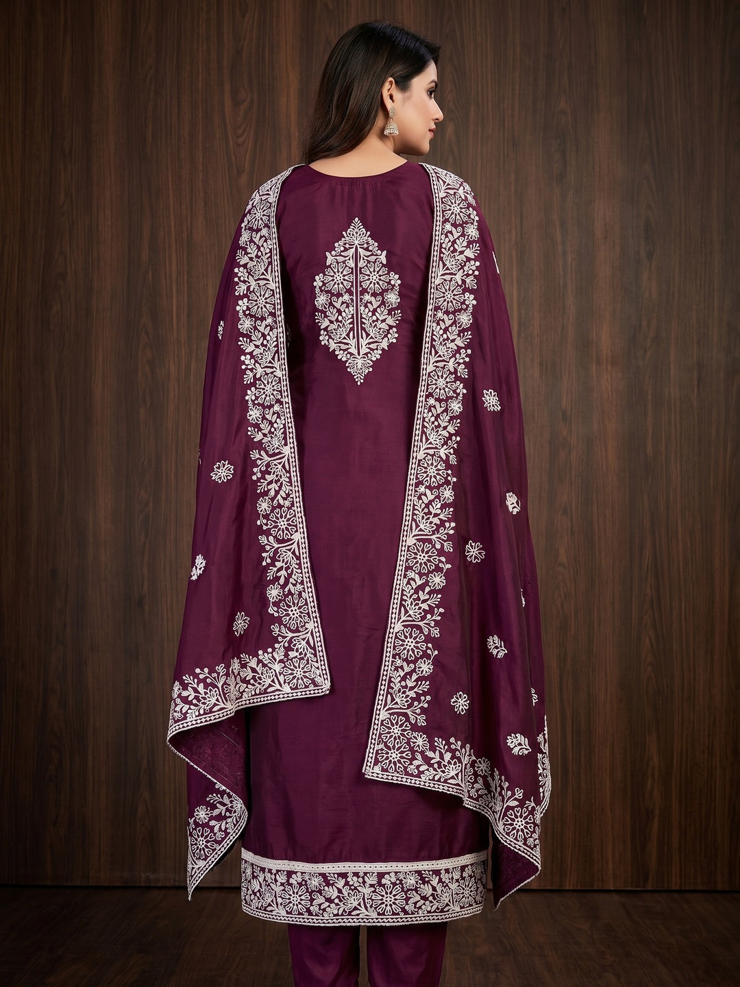 Wine Floral Embroidered Chanderi Silk Dress Material - Image 2