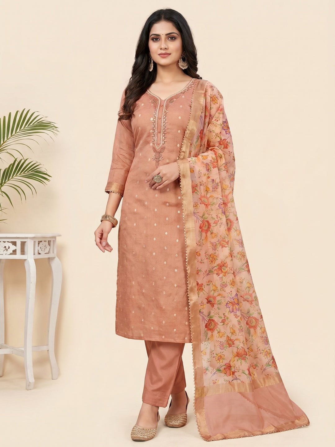 Peach Zari Work Woven Net Dress Material - Image 1