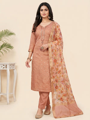 Peach Zari Work Woven Net Dress Material - Image 1