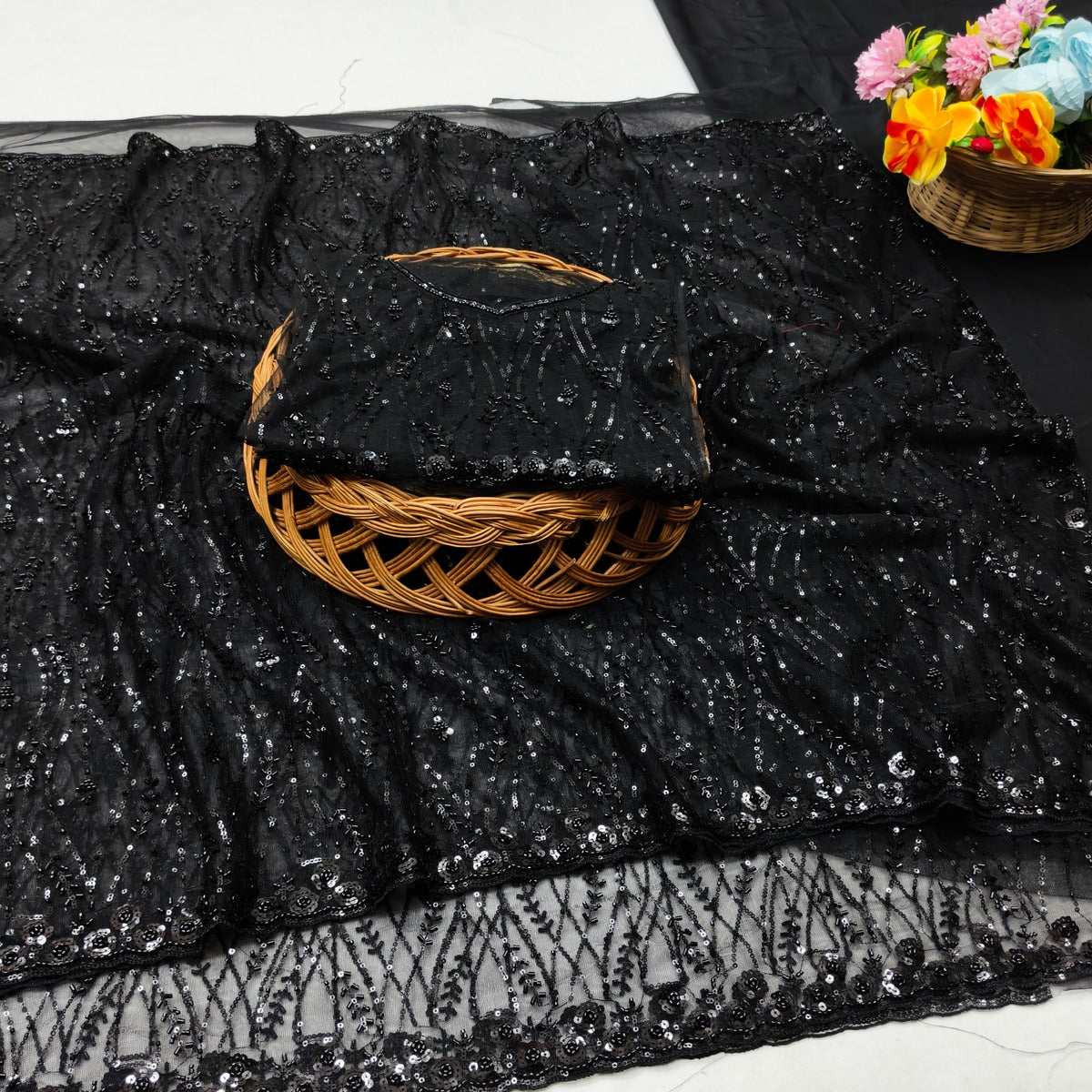 Peachmode Black Net Sequins Work Party Wear Saree - Image 3