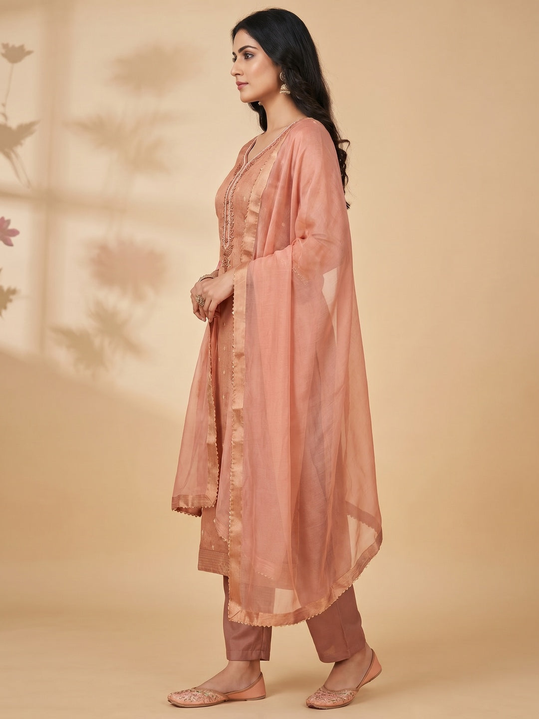 Peach Zari Work Woven Net Dress Material - Image 2