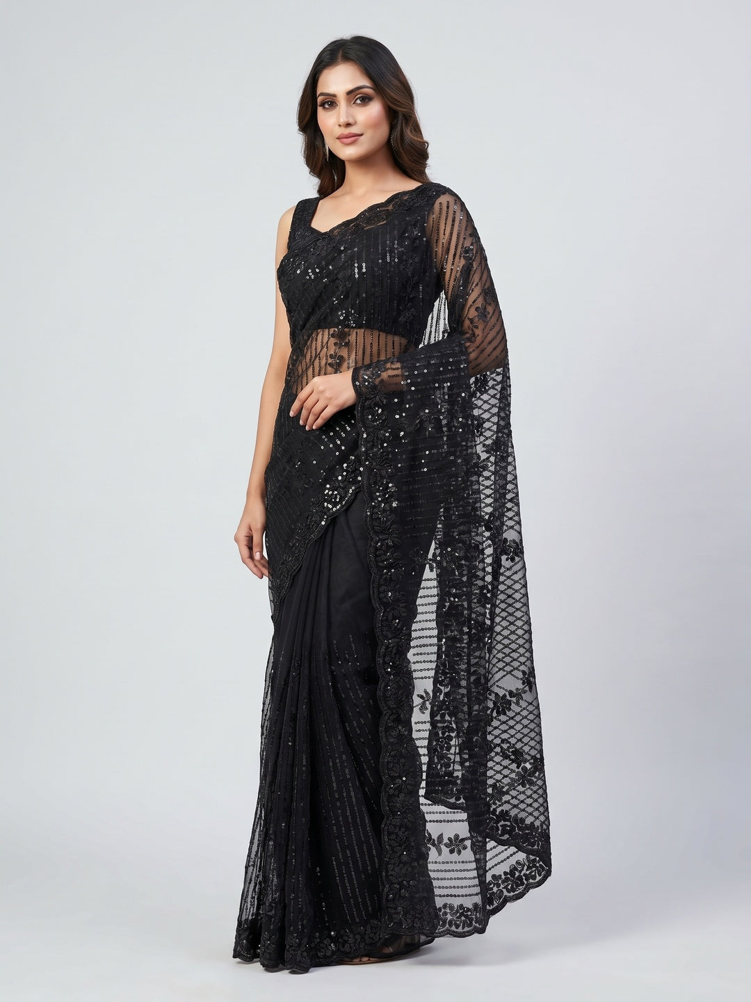 Peachmode Black Net Sequins Work Party Wear Saree - Image 1