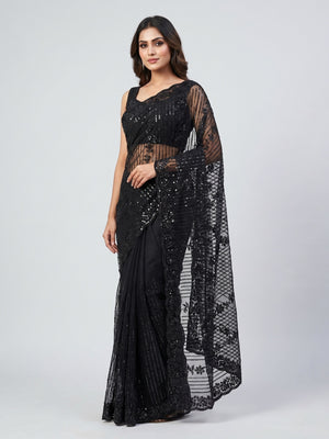 Peachmode Black Net Sequins Work Party Wear Saree - Image 1
