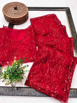 Peachmode Red Net Sequins Work Party Wear Saree - Image 2