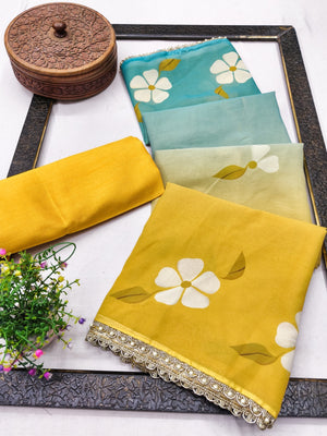 Peachmode Mustard Yellow Georgette Floral Printed Saree - Image 2