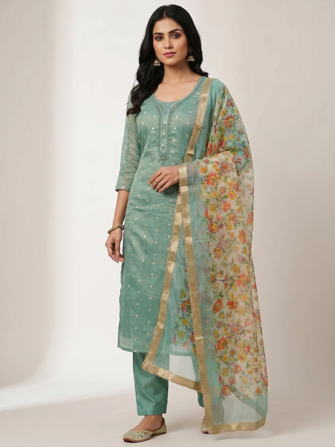 Sea Green Zari Work Woven Net Dress Material - Image 1