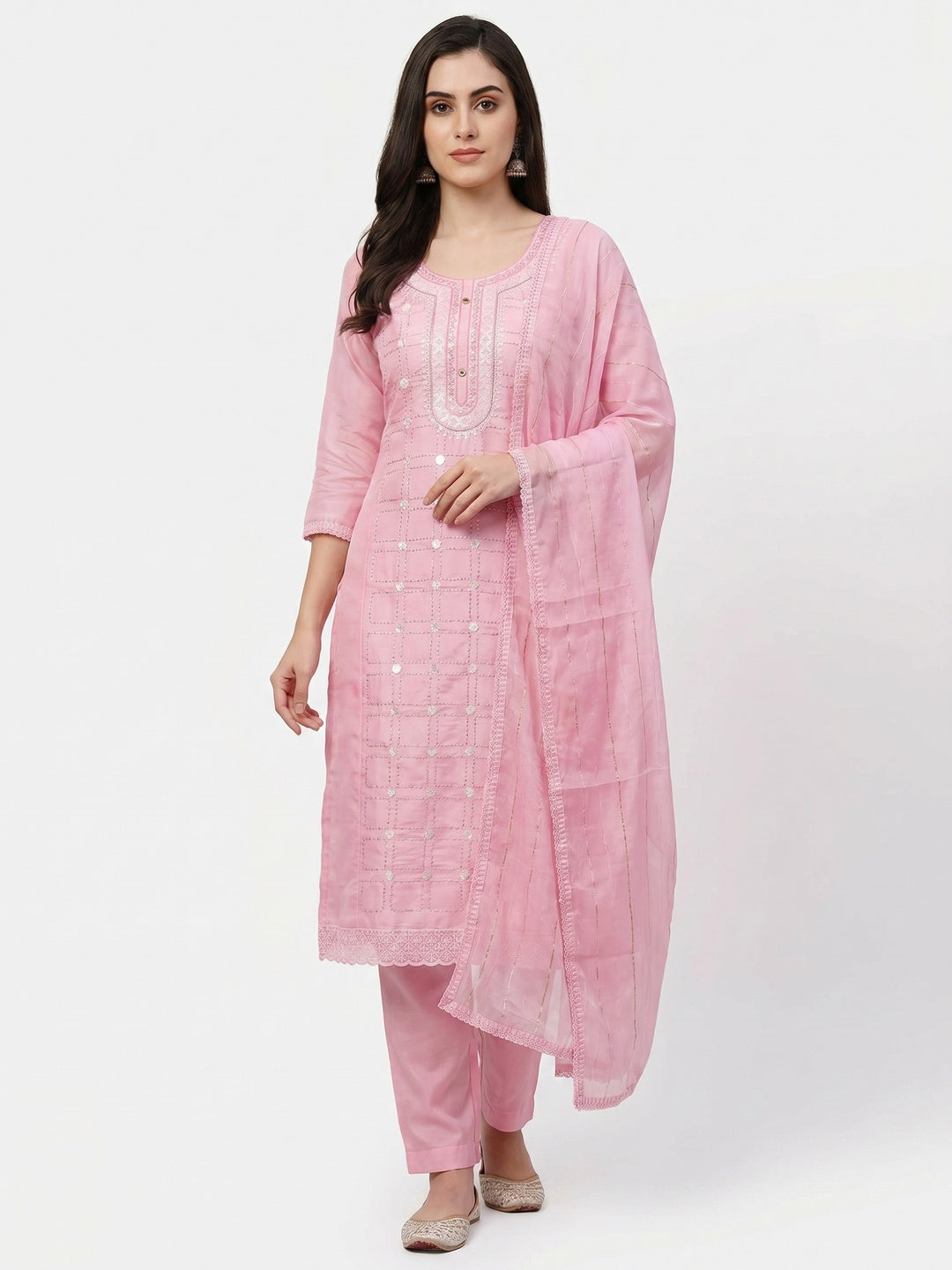 Pink Sequins Embroidery Chanderi Silk Dress Material - Image 1