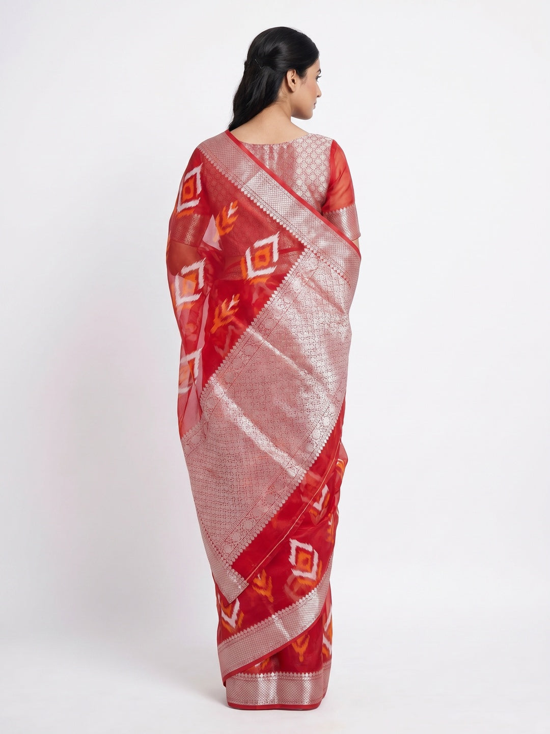 Red Floral Woven Organza Saree - Image 3