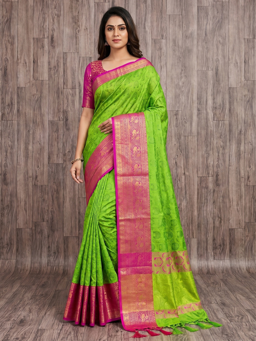 Parrot Green Woven Cotton Silk Saree With Tassels - Image 1