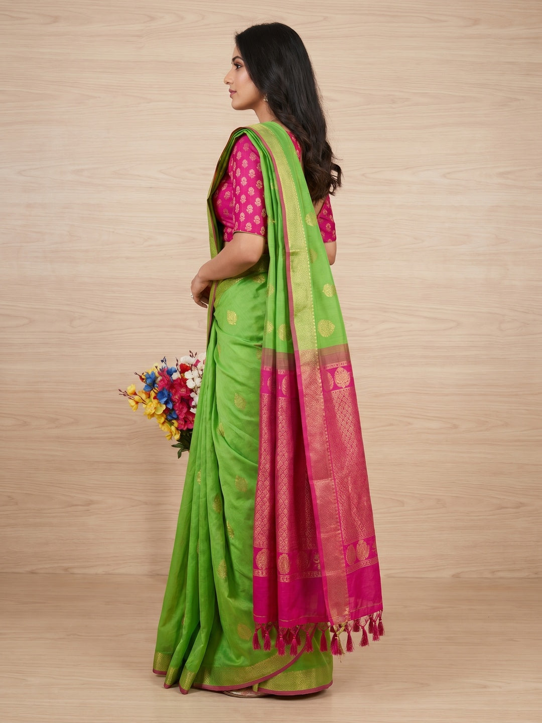 Parrot Green Woven Cotton Silk Saree With Tassels - Image 2