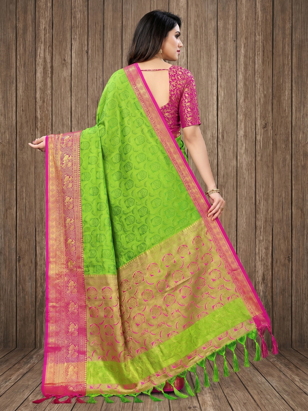 Parrot Green Woven Cotton Silk Saree With Tassels - Image 4