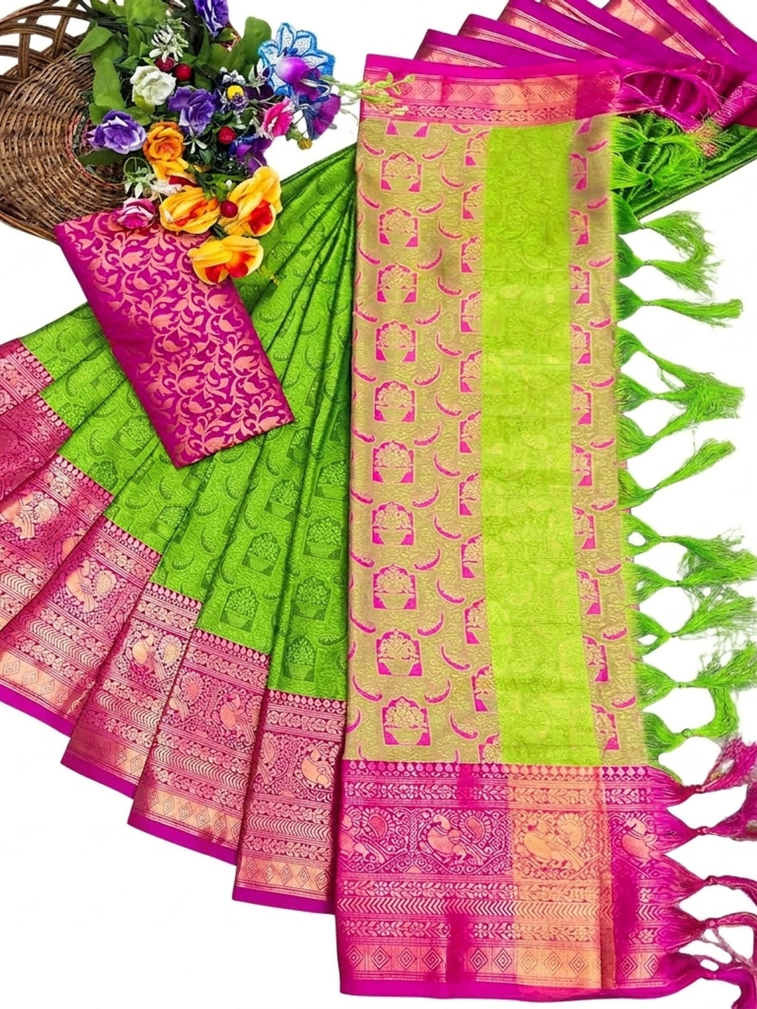 Parrot Green Woven Cotton Silk Saree With Tassels - Image 3