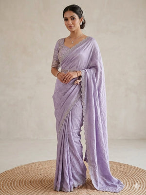 Peachmode Lavender Soft Crunchy Silk Saree with Diamond and Embroidery Work - Image 1