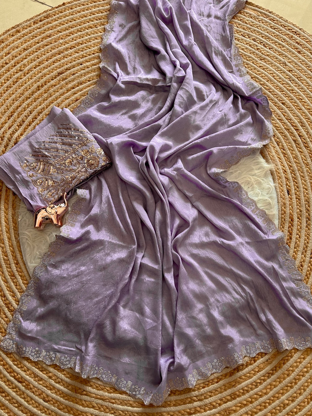 Peachmode Lavender Soft Crunchy Silk Saree with Diamond and Embroidery Work - Image 3