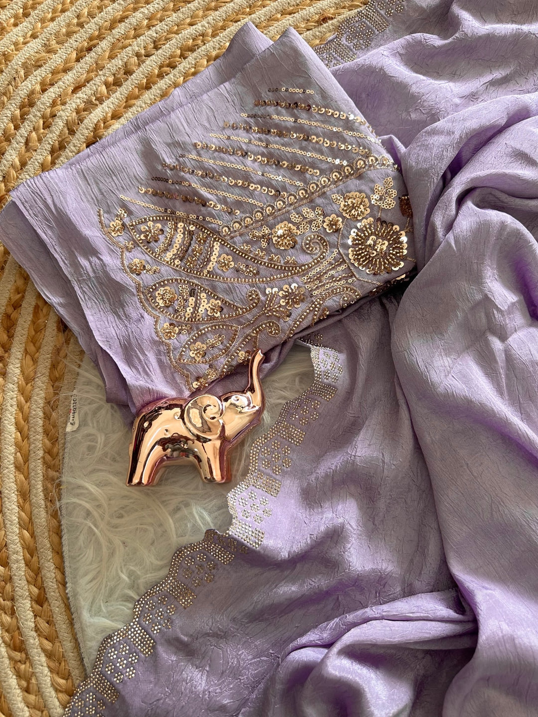Peachmode Lavender Soft Crunchy Silk Saree with Diamond and Embroidery Work - Image 6