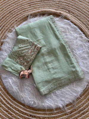 Peachmode Green Soft Crunchy Silk Saree with Diamond and Embroidery Work - Image 2