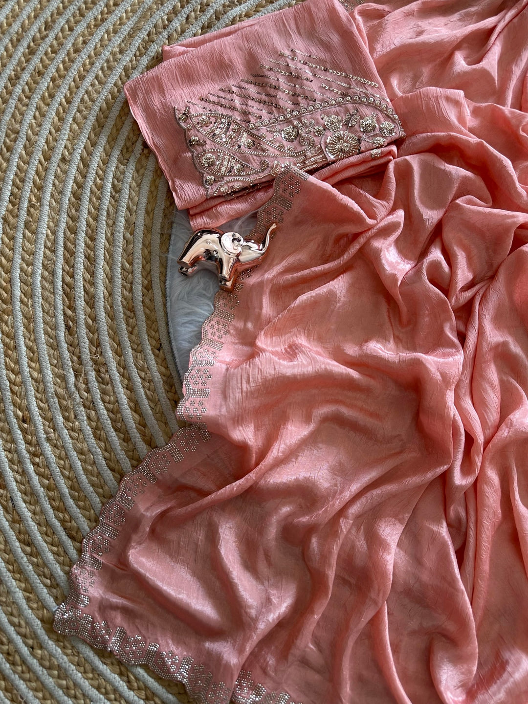 Peachmode Peach Soft Crunchy Silk Saree with Diamond and Embroidery Work - Image 4