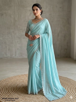 Peachmode Blue Soft Crunchy Silk Saree with Diamond and Embroidery Work - Image 1
