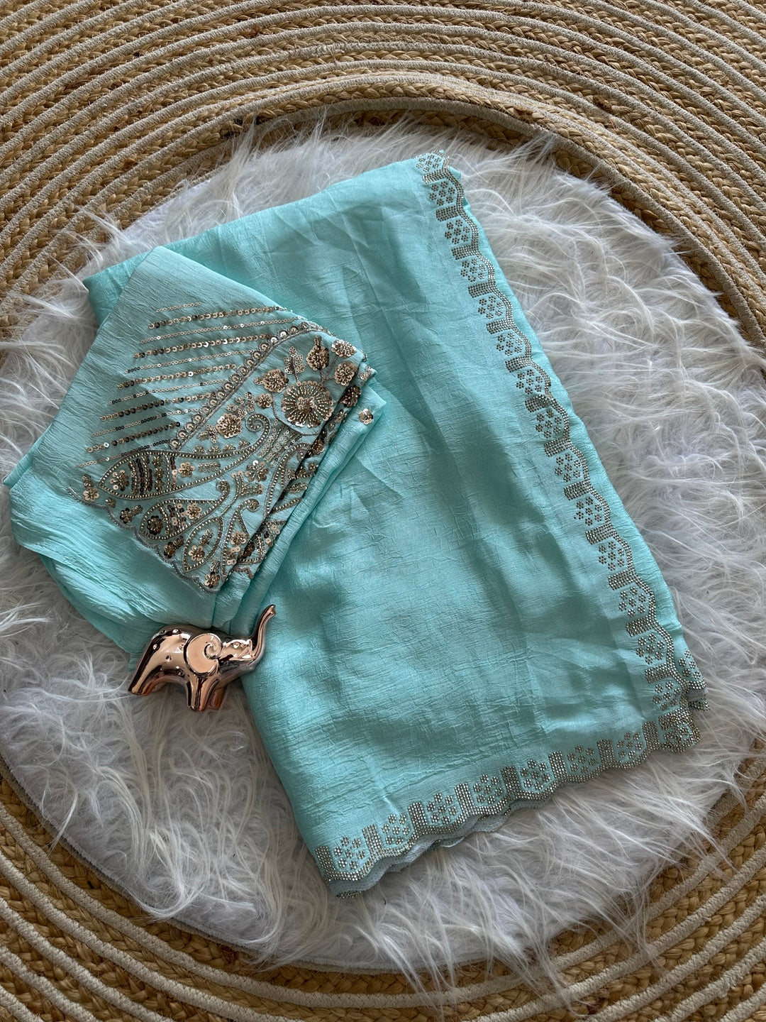 Peachmode Blue Soft Crunchy Silk Saree with Diamond and Embroidery Work - Image 2