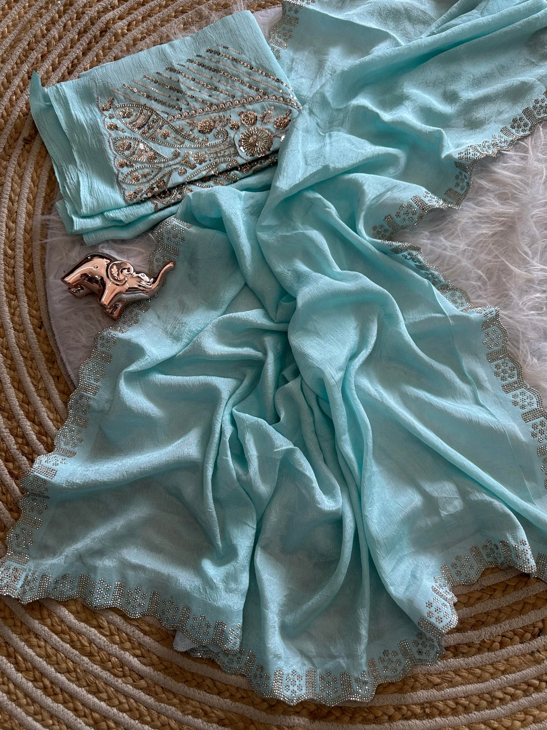Peachmode Blue Soft Crunchy Silk Saree with Diamond and Embroidery Work - Image 5