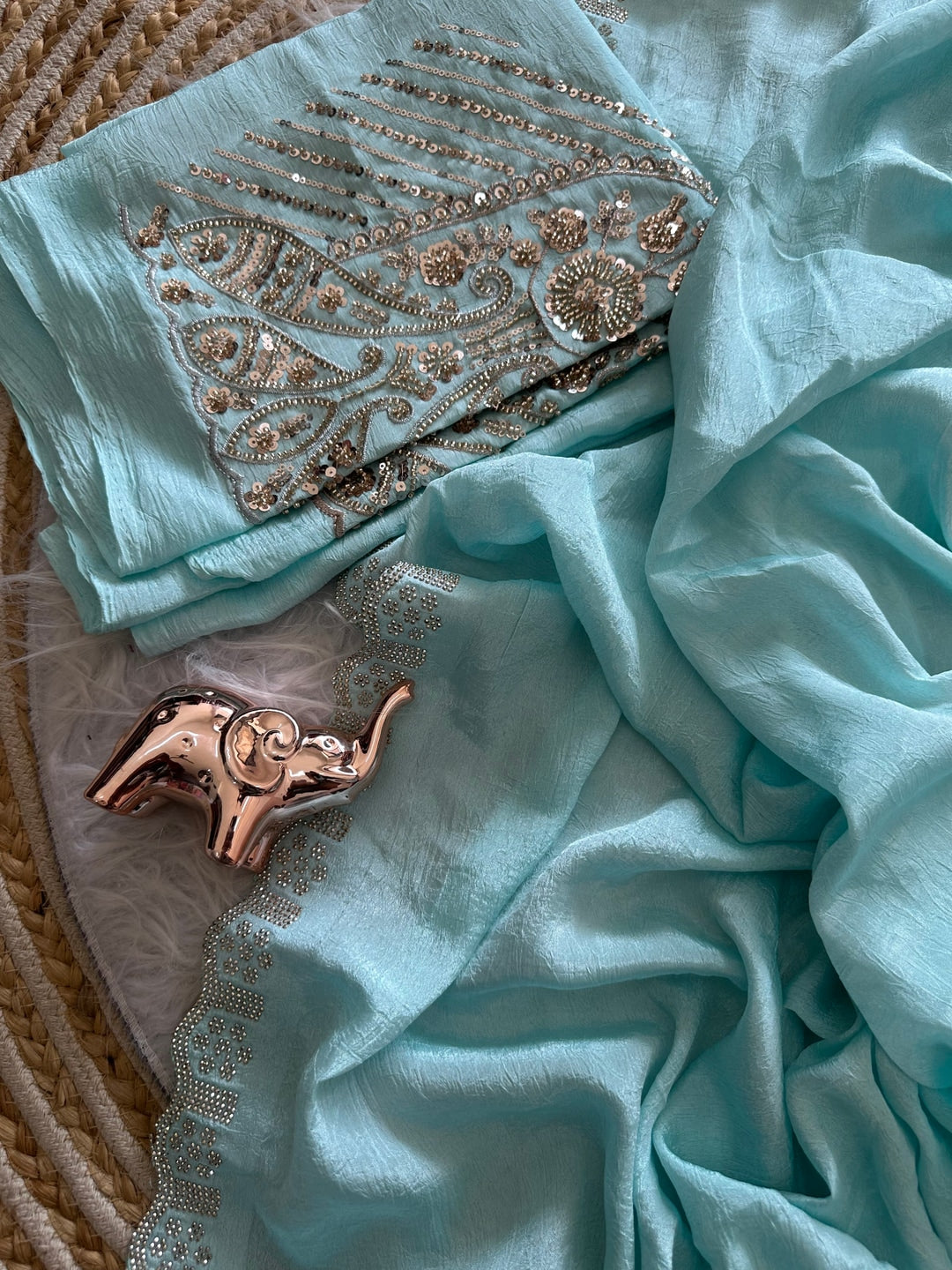 Peachmode Blue Soft Crunchy Silk Saree with Diamond and Embroidery Work - Image 6