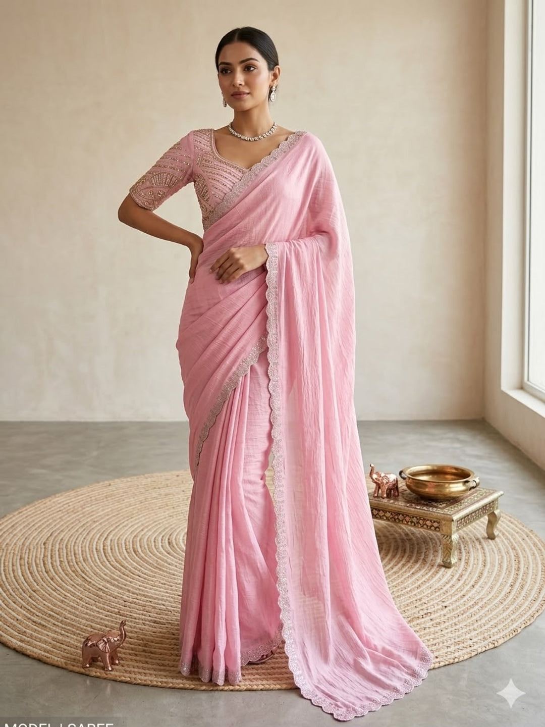 Peachmode Pink Soft Crunchy Silk Saree with Diamond and Embroidery Work - Image 1