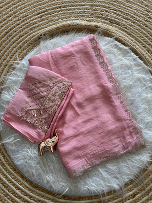 Peachmode Pink Soft Crunchy Silk Saree with Diamond and Embroidery Work - Image 2