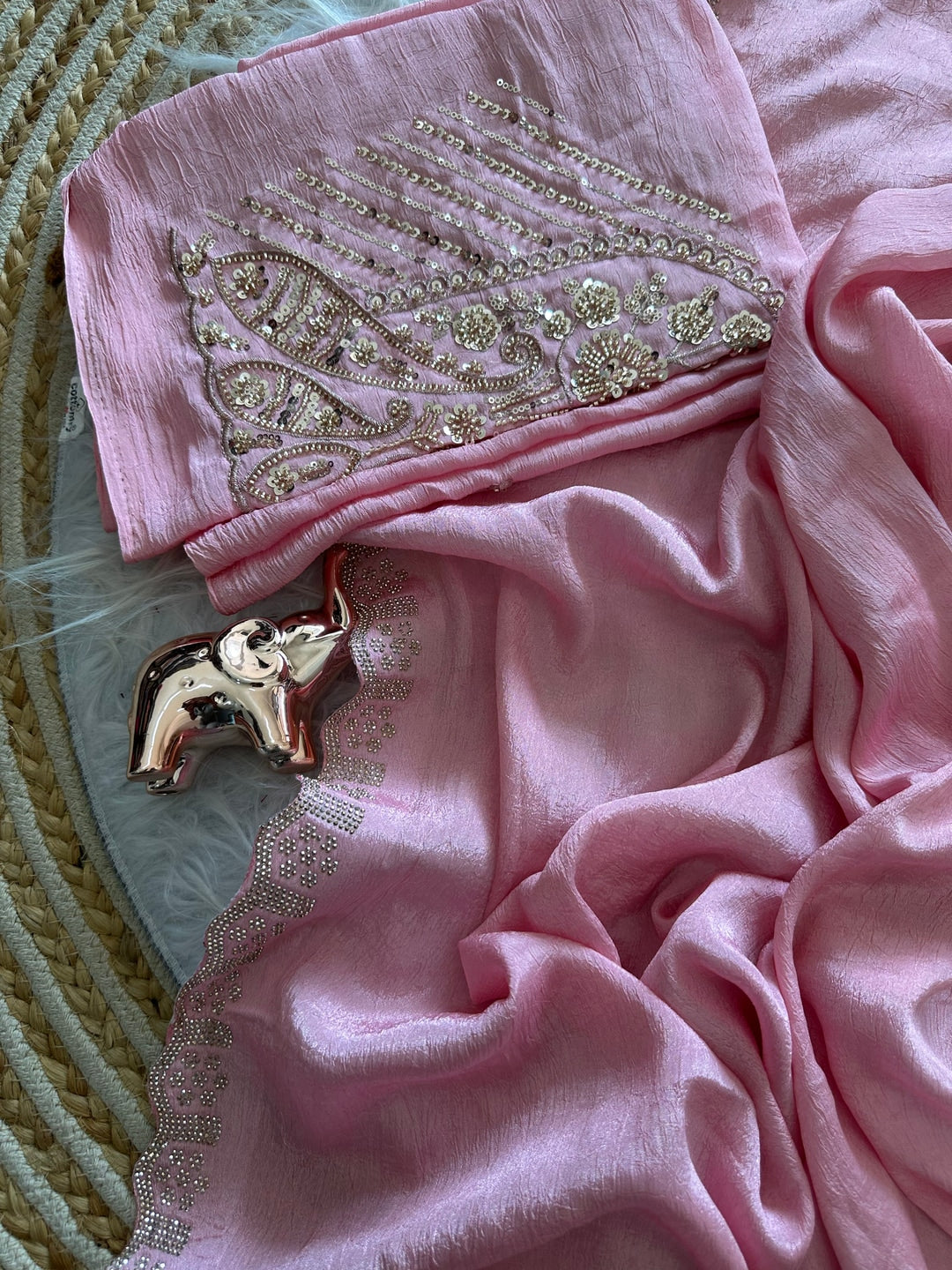 Peachmode Pink Soft Crunchy Silk Saree with Diamond and Embroidery Work - Image 6