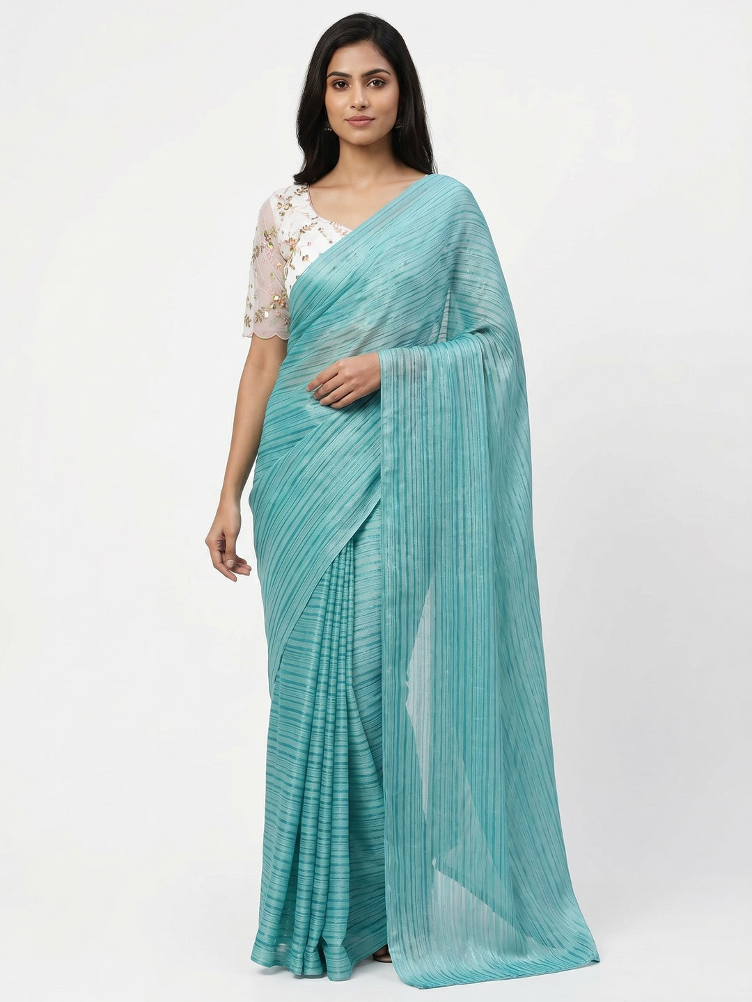 Turquoise Solid Woven Chiffon Saree With Lace Border - Image 1