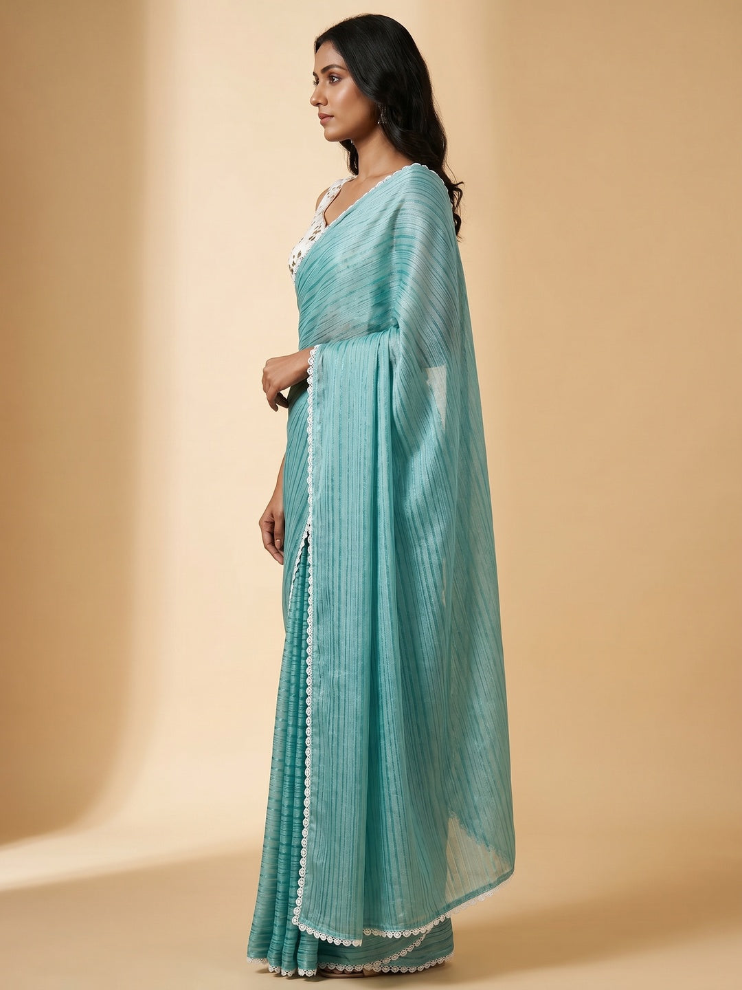 Turquoise Solid Woven Chiffon Saree With Lace Border - Image 2
