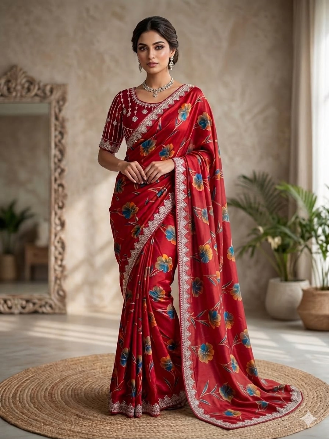 Peachmode Red Rich Look Silk Saree with Printed and Embroidered Border Work - Image 1